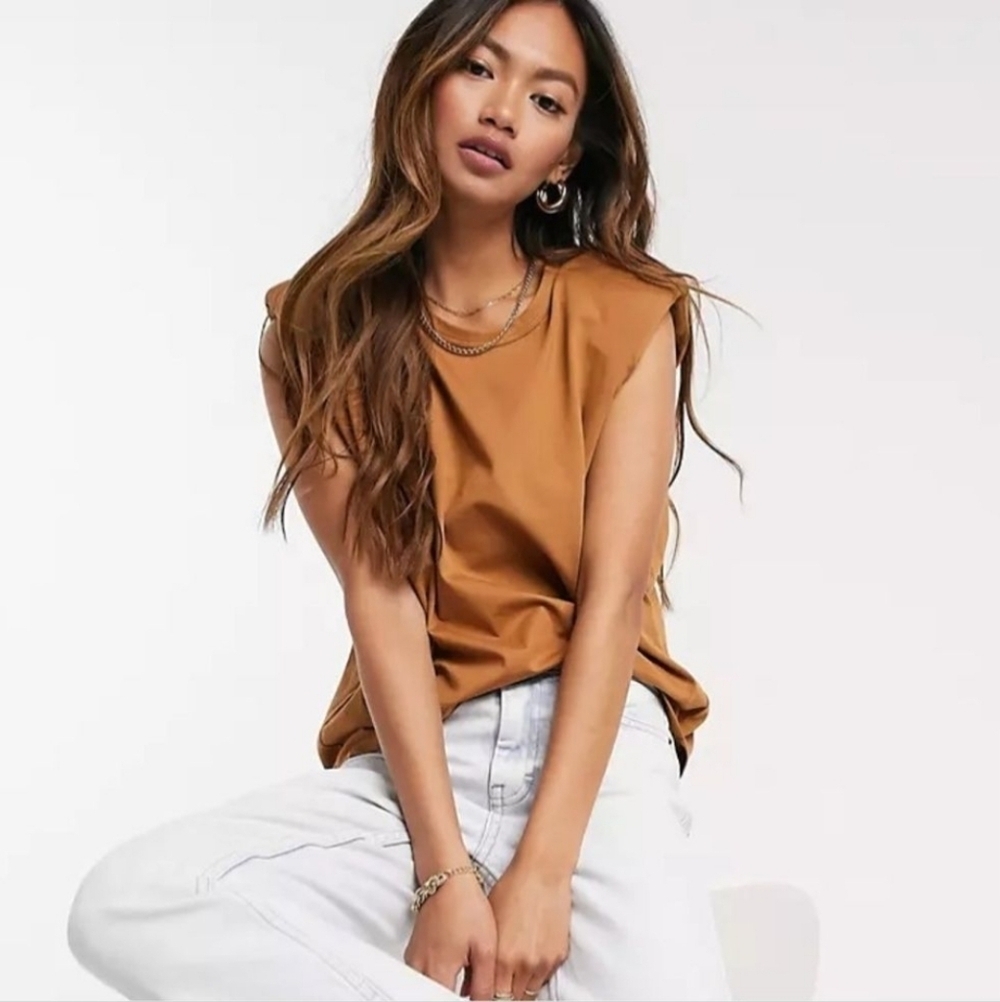 Mango Crewneck Shirt Padded Shoulder Top Orange Brown Size Small